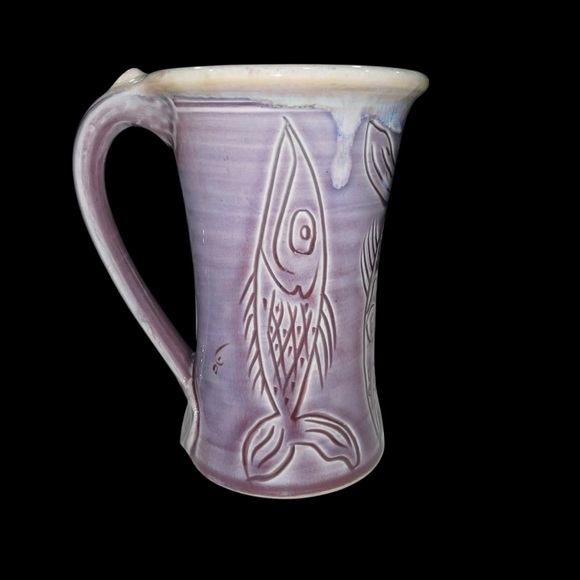 Handmade Purple Pottery Mug with Fish Carving Unique – Signed – 6” Tall 20oz - Picture 3 of 12